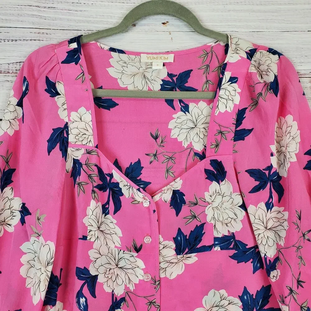 Yumi Kim Velvet Morning Hot Pink Floral Blouse S Silky Puff Sleeves Tropical Top